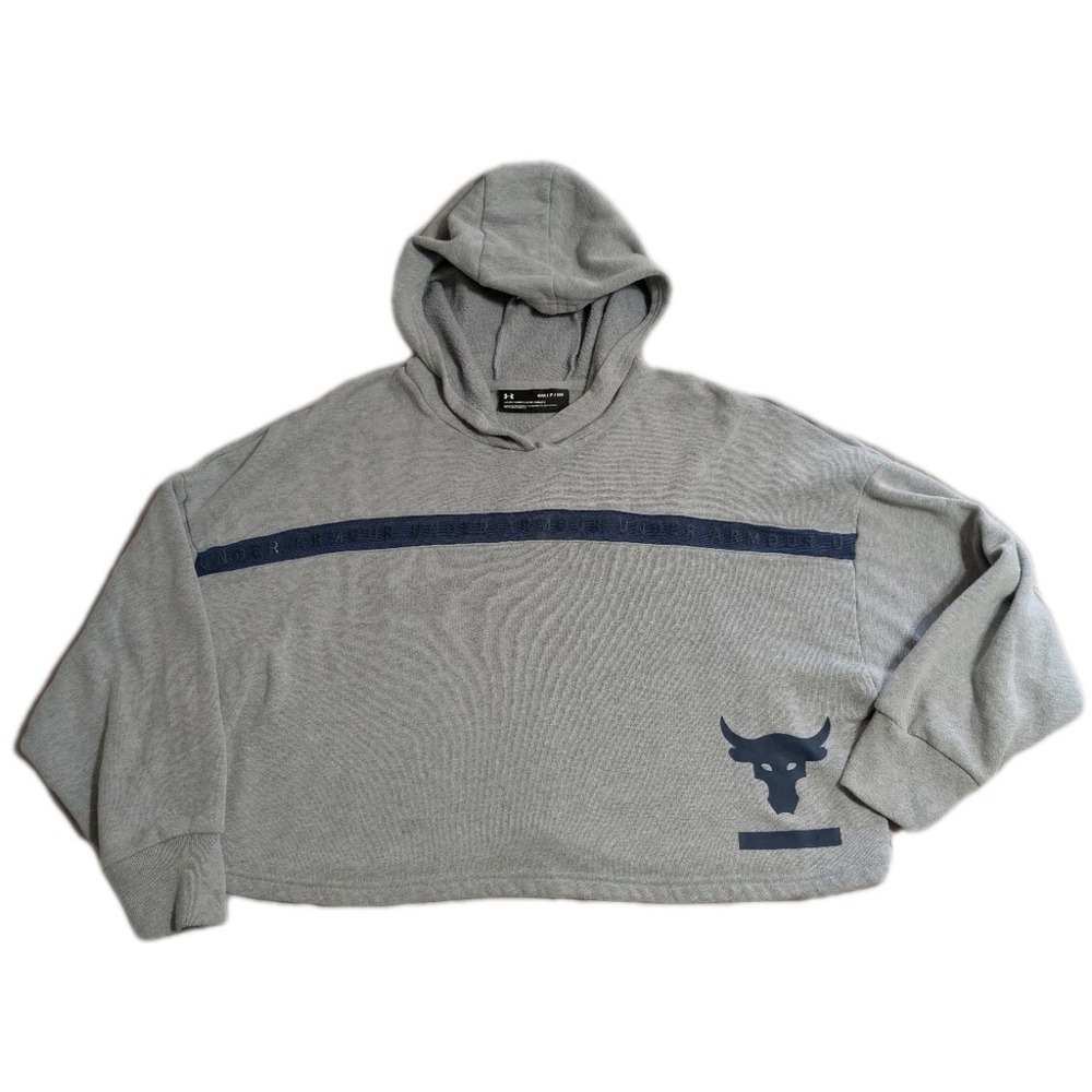 Under Armour Project Rock Fleece Cropped Tapered Hoodie Gray Blue Logo Women's S
